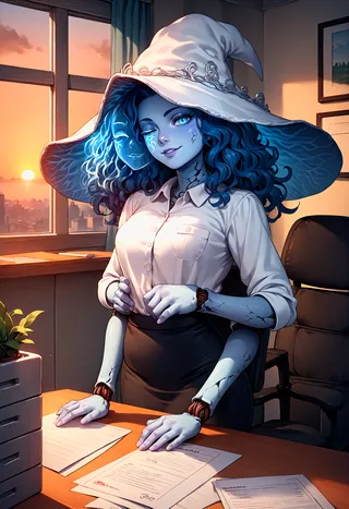 A blue-skinned woman with wavy blue hair and cracked skin wears a large white witch hat and office attire, featuring extra arms holding documents at a desk with a sunset background.