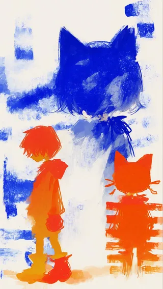 A surreal digital artwork with a prominent blue figure with cat ears in the center and two orange silhouette characters, a boy and a cat-like figure, set against a mostly white and blue abstract background.