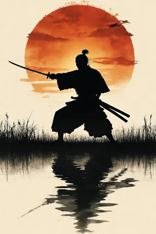 Silhouette of a samurai training with his katana at sunrise, depicted in sepia ink splash style with reflection on water and rice fields in the background.