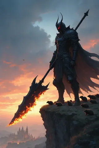 A dark-armored demon knight with glowing red eyes stands on a cliff at sunset, holding a large black battleaxe engulfed in flames. A swarm of rats nests at his feet, overlooking an elven city in the distance.