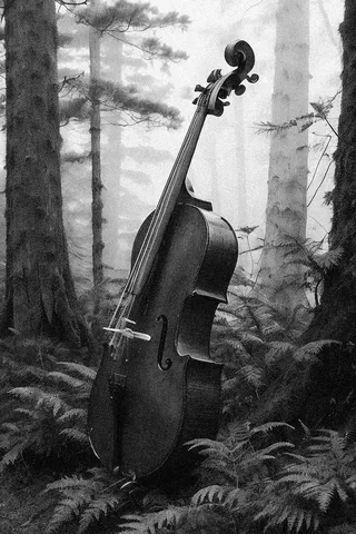 Black and white photograph of a cello standing upright among ferns and old rocks in a misty, foggy pine forest with overcast, flat lighting.