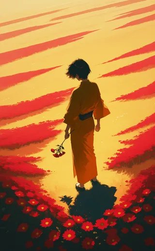 A male figure with black hair, wearing a kimono, stands in a vibrant flower field holding red flowers with shadows cast on the ground in a dutch angle scene.