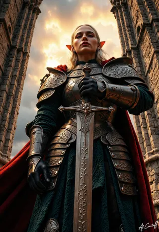 Platinum-haired elf warrior wearing intricate dark steel plate armor with Celtic engravings and a crimson velvet cloak, standing on a ruined castle battlement under a golden sunset, holding a large two-handed sword.