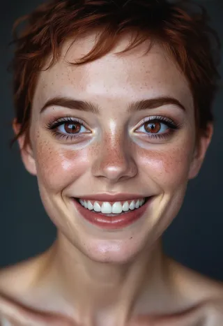 Close-up head and shoulders portrait of a beautiful lady with freckles, a big smile, ruby eyes, short hair, and dark makeup under soft lighting.