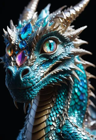 A hyperdetailed portrait of a dragon with shimmering diamond and gemstone scales, opal eyes, and intricate crystal details, set against a dark background.