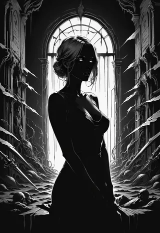 A monochrome silhouette of a woman standing in a dark gothic room filled with skulls, daggers, and eerie shadows, conveying a mood of depression and paranoia.