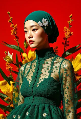 A highly detailed portrait of a young woman wearing a green lace dress and teal headwrap, set against a vibrant red background with yellow and orange flowers.