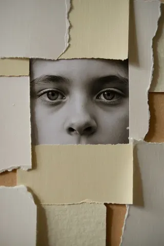 Close-up portrait of a child's face revealed through torn pieces of beige and cream paper arranged in a collage style.