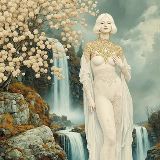 A pale ethereal female ghost in an ornate lace bodysuit stands beside a cliff with cascading waterfalls in a serene spring landscape with blossoming trees and cloudy skies.