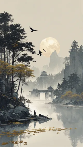 Foggy, moonlit landscape with flying crows, traditional temple, rocky mountains, trees, and a calm lake reflecting the scenery.