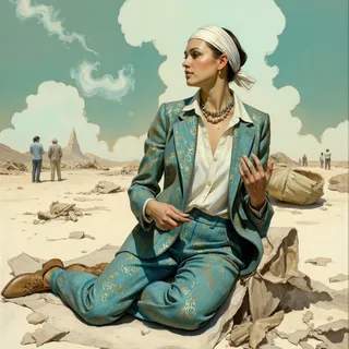 A mature woman dressed in an ornate teal business suit kneeling on stone debris in a vast desert with a clear blue sky and stylized clouds, surrounded by rocky ruins and distant figures.