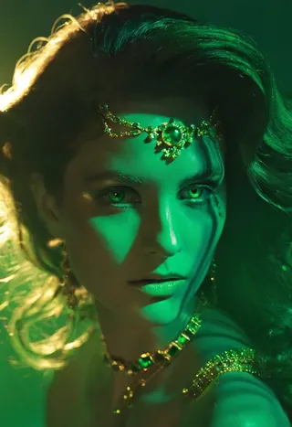 Close-up beauty portrait of a model adorned with layered gold and emerald jewelry, illuminated by a soft green light creating an ethereal glow.