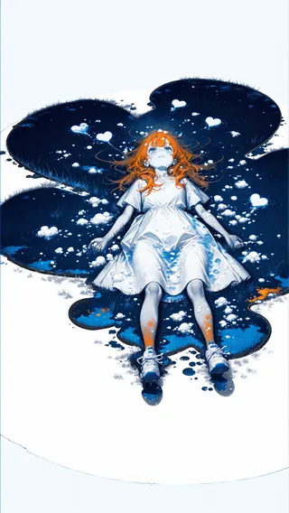 A girl with ginger hair wearing a white dress and white sneakers lies in a heart-shaped puddle with blue water and white bubbles on a white background.