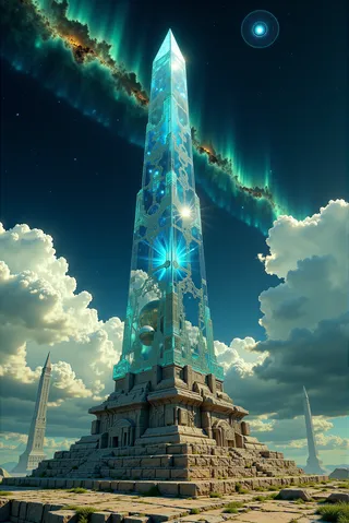 A towering crystalline obelisk with celestial galaxies inside, set on an ancient stone platform with intricate carvings under a starry sky and aurora.