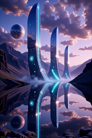 Three towering futuristic alien structures rise from a mirrored lake beneath a twilight sky, glowing with bioluminescent turquoise veins and reflecting perfectly on the water surface, with a large planet in the background and rugged mountains framing the scene.