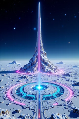 A towering spear-shaped megastructure rises from a frozen flatland, its surface adorned with glowing colorful neon ornamental patterns, surrounded by geometric circuitry platforms under a starry sky.