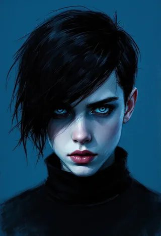A dark moody portrait of a young teenager with short black hair combed to the side, intense blue eyes, wearing a high-collared black outfit against a solid intense blue background with dramatic lighting and shadows.