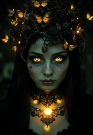 Portrait of a pale woman with glowing golden eyes, adorned with a crown of twisted branches and golden moths, wearing an intricate gothic necklace emitting soft light.