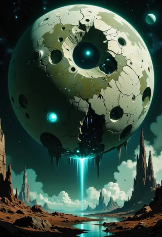A shattered moon named Xal'Tor floats above a rocky alien landscape, fractured into colossal shards with blue glowing energy emanating from cracks and a beam of light descending to the surface.