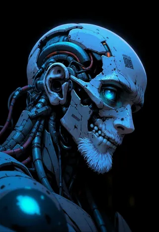 Side profile of a weathered cyborg with a half-mechanical face, glowing blue eye, white beard, and illuminated tubes on a dark background.