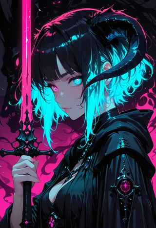 Close-up of a demon girl with glowing cyan hair, heterochromia eyes in pink and blue, wearing a black robe, holding a neon pink sword with dark horns on her head.