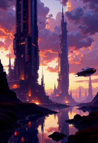 A highly detailed futuristic cityscape at sunset with towering skyscrapers, a glowing orange and purple sky, and a reflective metallic river below with a flying vehicle in the air.