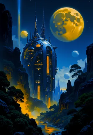 High-quality digital painting of a futuristic cityscape at night with towering sci-fi structures illuminated by glowing orange and blue lights, surrounded by lush foliage and multiple glowing moons in the sky.