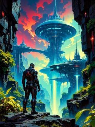 Highly detailed sci-fi landscape featuring a cybernetic mercenary overlooking a futuristic alien spaceport nestled in a lush jungle canyon beneath a vibrant nebula sky.