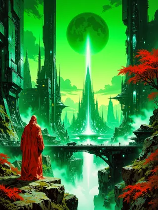 A lone figure in a deep red robe stands on rocky cliffs overlooking a futuristic spaceport city illuminated with green, blue, and yellow neon lights under a green night sky with a large glowing moon and a bright spire.