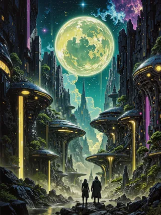 A vast alien canyon flanked by towering cliffs and futuristic city structures glowing with gold and magenta light beneath a giant yellow-green planet and vibrant nebula, with two figures in dark coats standing by a reflective river.