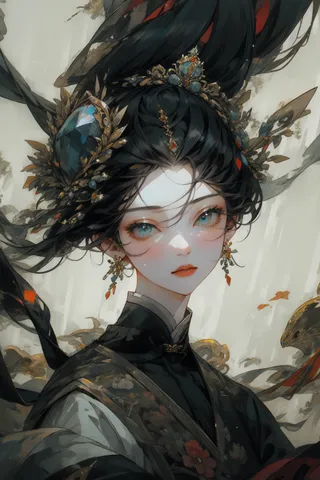 Portrait of a woman with black hair and beautiful detailed eyes, wearing intricate jewelry and traditional Chinese ancient attire, painted in an oil painting style.