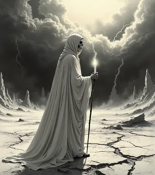 A hooded sorcerer with a skull face stands in a cracked wasteland holding a candle and a staff, under a dark stormy sky with lightning.