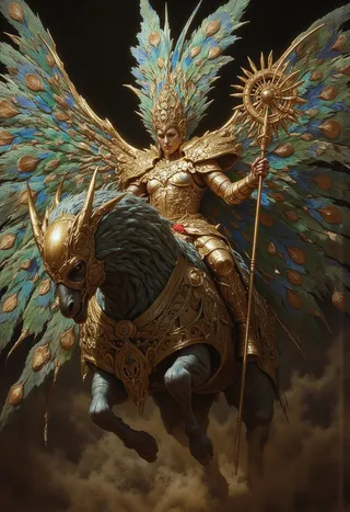 A female fantasy warrior in elaborate golden armor with a feathered headdress, riding a peacock-like armored monster with large colorful tail feathers, holding a glowing staff against a dark background.