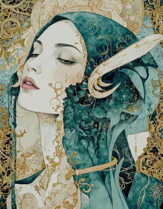 Waist-high portrait of an ethereal alien figure in minimalist cybergoth fashion with teal and gold colors, intricate zentangle and fog background.