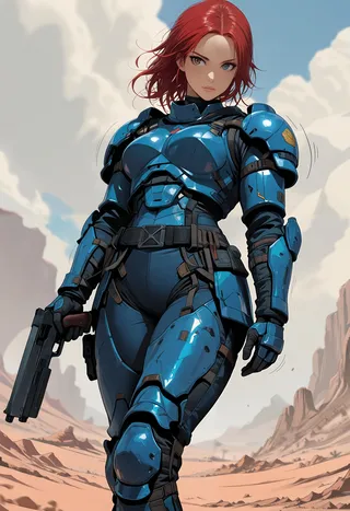 Portrait of a red-haired female warrior wearing shiny blue armor holding a gun, standing in a desert with rocky formations, depicted from a dynamic low angle with motion lines.