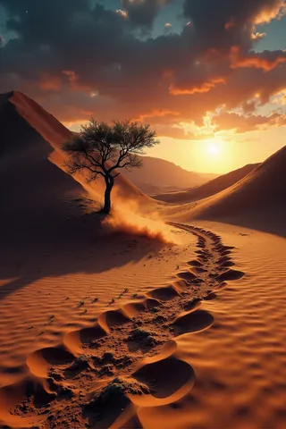 A dramatic desert landscape featuring towering red sand dunes at sunset, with a solitary acacia tree surrounded by swirling dust against a colorful sky.