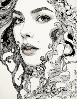 A detailed black and white fine line drawing of a woman’s portrait with intricate, stylized swirling hair and expressive facial features.