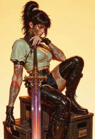 A young athletic woman with tattoos and a high ponytail sits on metal crates holding a glowing purple-bladed decorated sword, wearing combat boots and a pale green crop top.