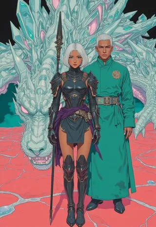 Digital illustration of a female warrior in futuristic Tibetan armor holding a glowing trident, standing next to an elder guide in jade-green robes, with a massive crystalline dragon behind them on cracked coral red ground.