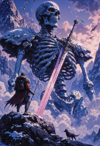 A lone traveler with a staff and a dog stand on a rocky outcrop in a snowy mountainous landscape, gazing at a colossal skeleton pierced by a giant sword under a twilight sky.