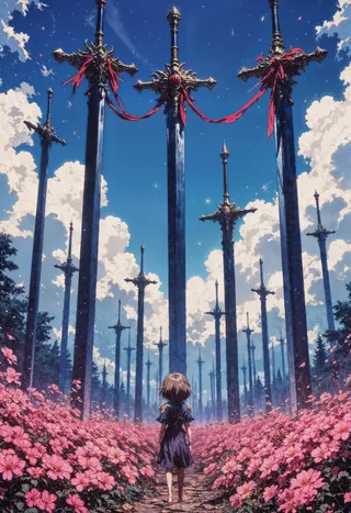 A fantasy landscape featuring a field of tall, dark blue oversized swords decorated with red ribbons, surrounded by vibrant pink flowers with a small figure walking on a path under a partly cloudy sky.