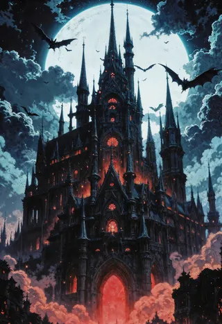 A massive gothic castle with numerous spires illuminated by eerie red light, set against a bright full moon and stormy night sky with bats flying.