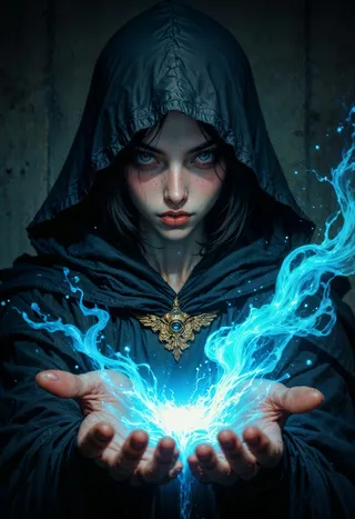 A woman with fair skin and piercing eyes wearing a dark hooded cloak with a gold clasp, conjuring swirling blue water-like magical energy from her hands.