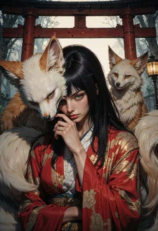 A fantasy character woman with black hair in a red kimono with gold patterns, accompanied by two large foxes in front of a Japanese torii gate.