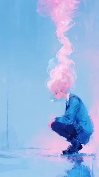Digital drawing of a girl squatting with flowing pink smoke above her head, set against a soft blue background.