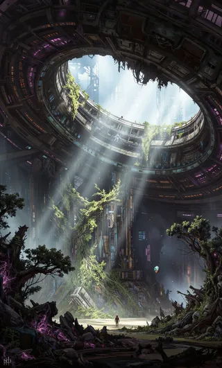 A derelict orbital habitat ring cracked open to space with sunlight streaming through a massive breach. Mutated zero-G trees and glowing bioluminescent vines overgrow the interior, while a tiny figure in a spacesuit floats near the breach observing the scene.