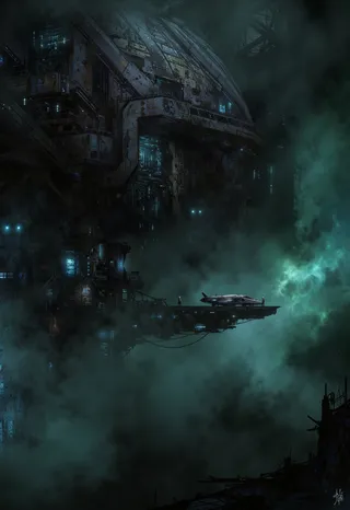 Digital painting of a massive derelict deep-space relay station, half-shrouded in a dense nebula cloud, featuring a modern exploration vessel docked to a decaying gantry with a lone figure in a sealed suit.