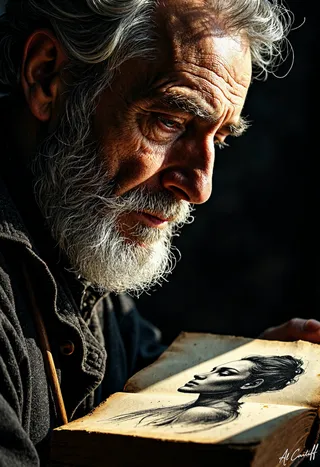 Close-up portrait of an old man with a long white beard looking down at an open leather book showing a detailed sketch of a woman, warm golden sunlight highlights his wrinkled face.