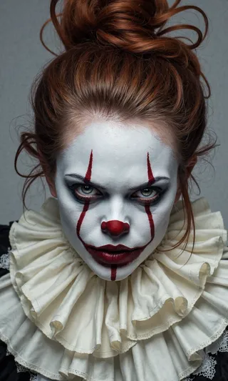 A female interpretation of Pennywise with white clown makeup, red nose and lines, intense light grey eyes, reddish-brown hair in an updo, and a vintage off-white ruffled blouse.