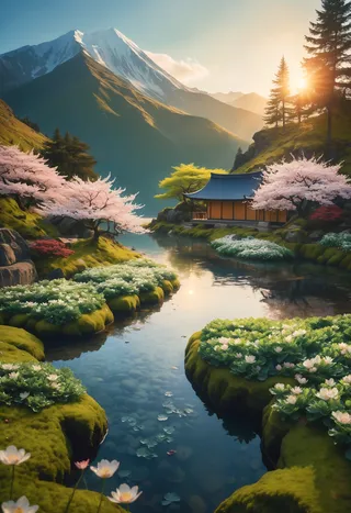 A serene mountain lake surrounded by moss-covered slopes and blooming cherry blossom trees reflects the setting sun near a traditional Asian-style house.